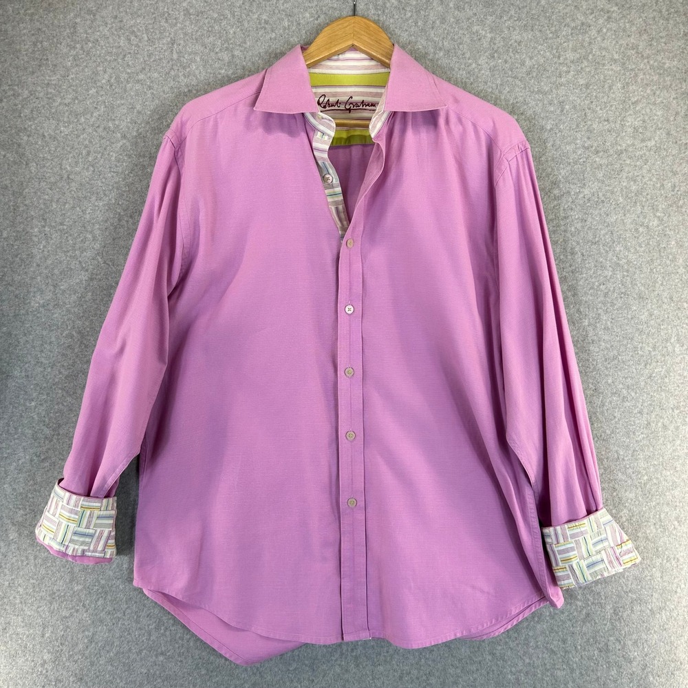 Robert Graham Pink Madras Plaid Flip Cuff LS‎ Button Front Shirt Mens Sz XL READ